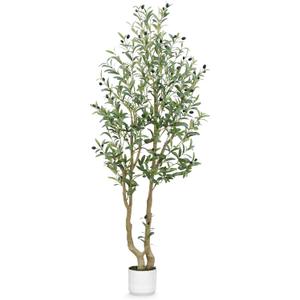 Olive Tree 5ft, Artificial Olive Tree with White Pot, Fake Tree with 1152 Dense Leaves & 64 High-Simulated Olive Fruits - Easy Assembly, Low Maintenance (Olive Tree 5ft)