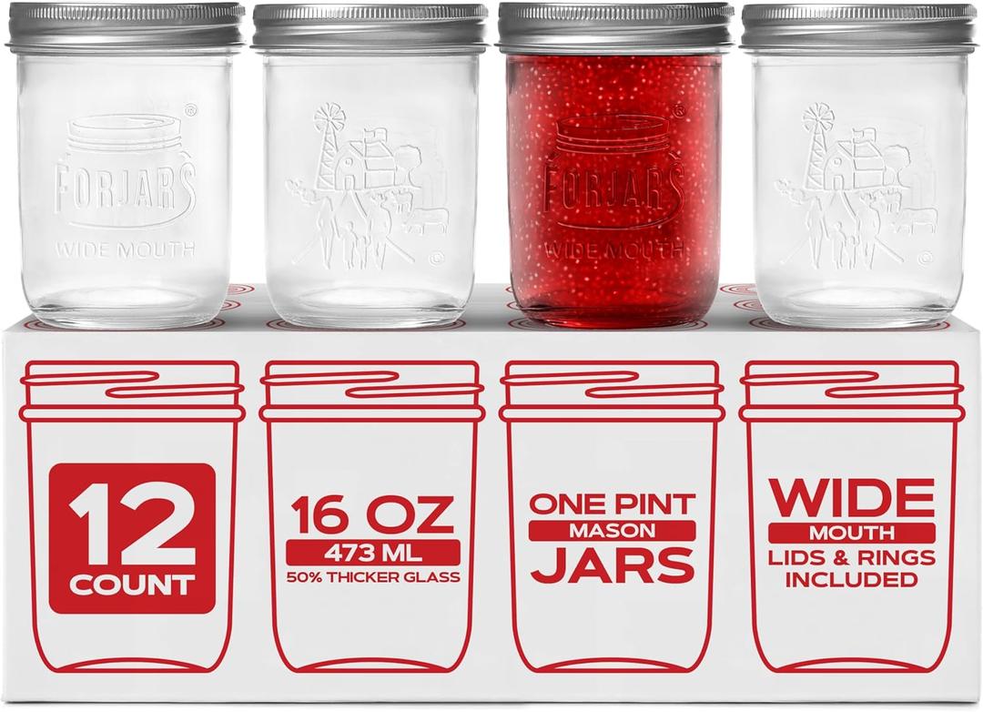 FORJARS Premium Mason Jars with Lids  16oz | Wide Mouth Canning Jars | 12-Pack Glass Jars for Jam, Jelly, Pickling, Food Storage, Freezer Safe, Airtight Bulk Set