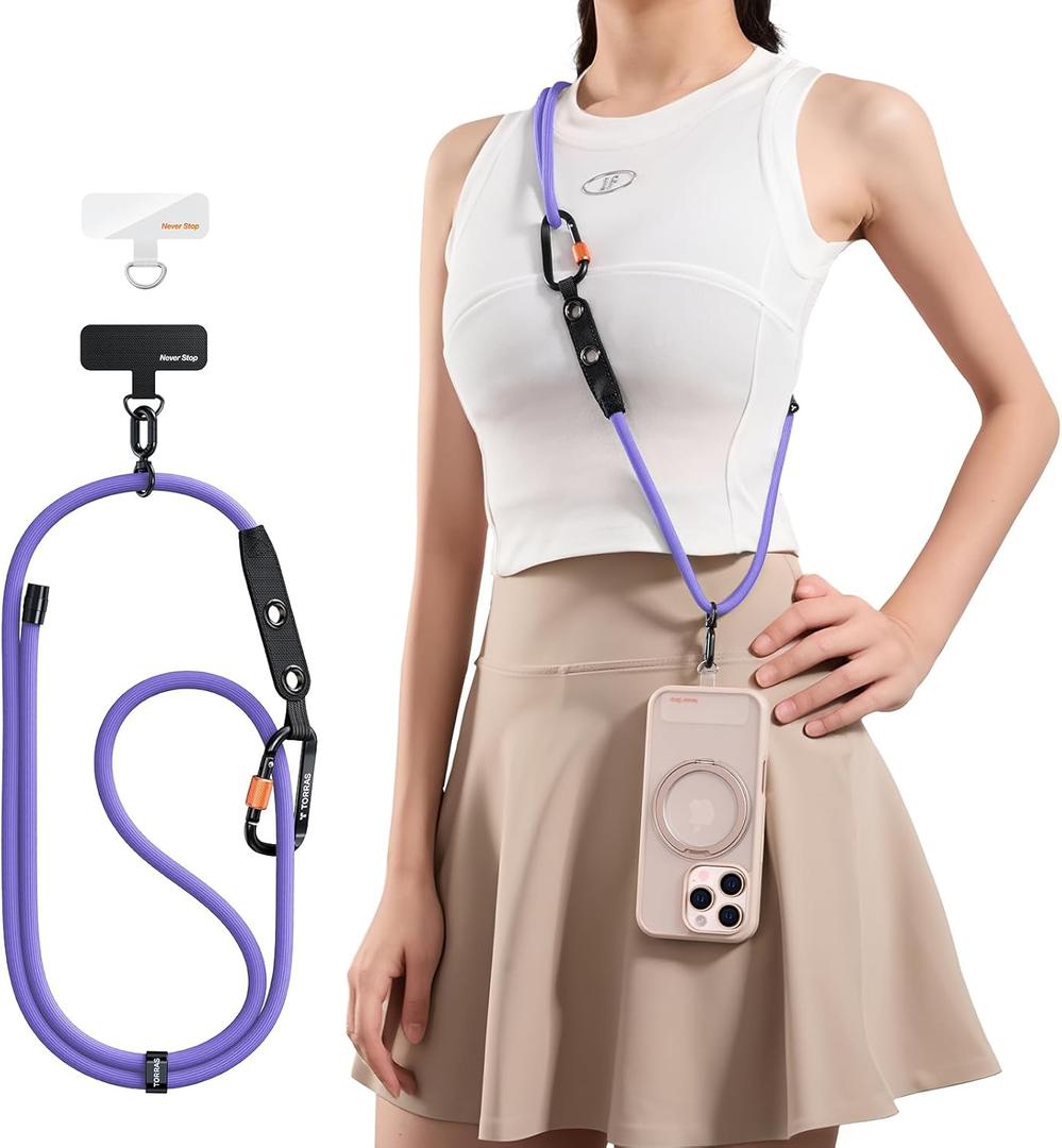 TORRAS Phone Lanyard with Hanging Loops, Adjustable Anti Theft Phone Strap Crossbody for iPhone 17 Pro, Skin-Friendly, 2 Tabs, Universal Cell Phone Neck Lanyard for Daily & Outdoor Activities, Purple