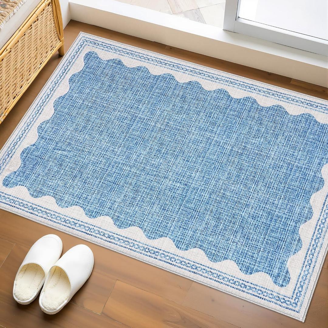 GarveeHome Door Mat Indoor Rugs for Entryway Small Throw Rug 2x3 Washable Non-Slip Solid Blue Modern Minimalism Soft Low-Pile Scalloped Carpet for Bedroom Kitchen Bath Entrance with Rubber Back