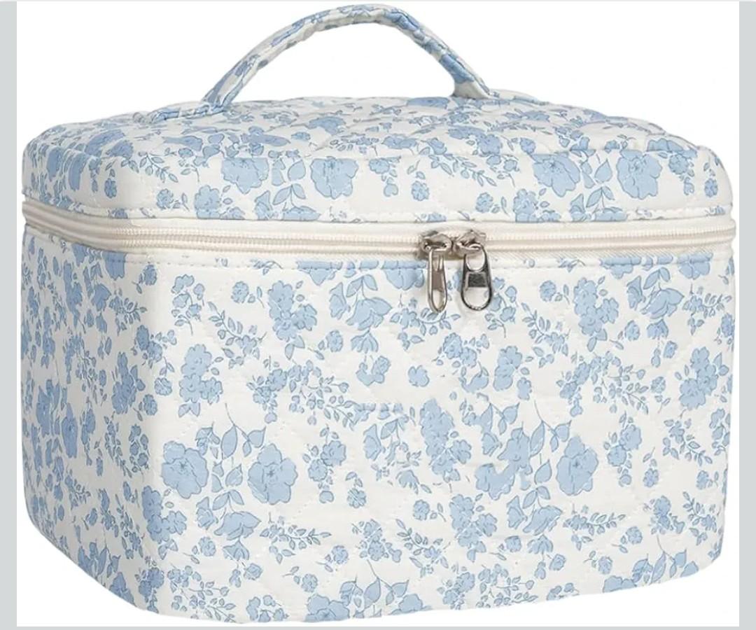 Makeup Bag Quilted,Travel Toiletry Bag Organizer,Large Cotton Cosmetic Bag for Women Make-up Bags Portable Cosmetic Brush Pouch Handle Zipper Cute Storage Case for Purse,Floral Blue