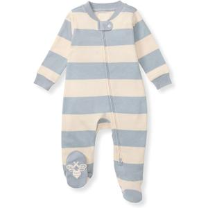 Burt's Bees Baby Boys Sleep and Play PJs, 100% Organic Cotton One-Piece Zip Front Romper Jumpsuit Pajamas (Quarry Blue Rugby Stripe)