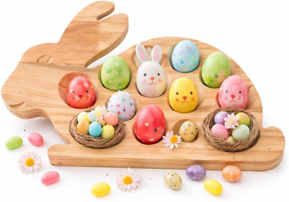 Wood Easter Deviled Egg Tray, 15.3" Bunny Shaped Deviled Egg Platter with 21 Slots, Solid Wooden Holder for Countertop, Reusable Serving Board for Charcuterie, Brunch & Holiday Party