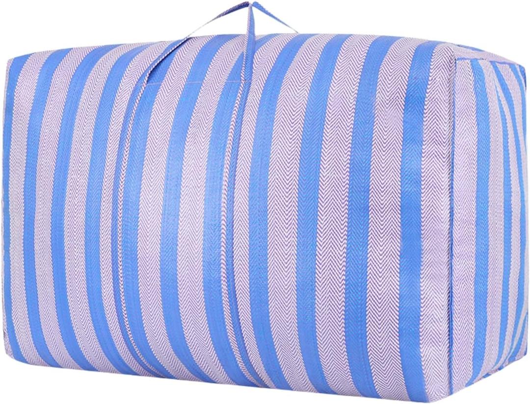 Nylon Woven Bag, Large Moving Bags with Zipper & Handles, Quilt Clothes Storage Bags Totes Bins, Snake Skin Bag Packing Moving Boxes for College Supplies (Blue/White - 1 Pack)