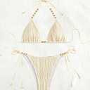 Women's Ribbed Two Piece Adjustable Triangle Beads Shoulder Strap Bikini Set Sexy Bathing Swimsuits (Beige, Small)