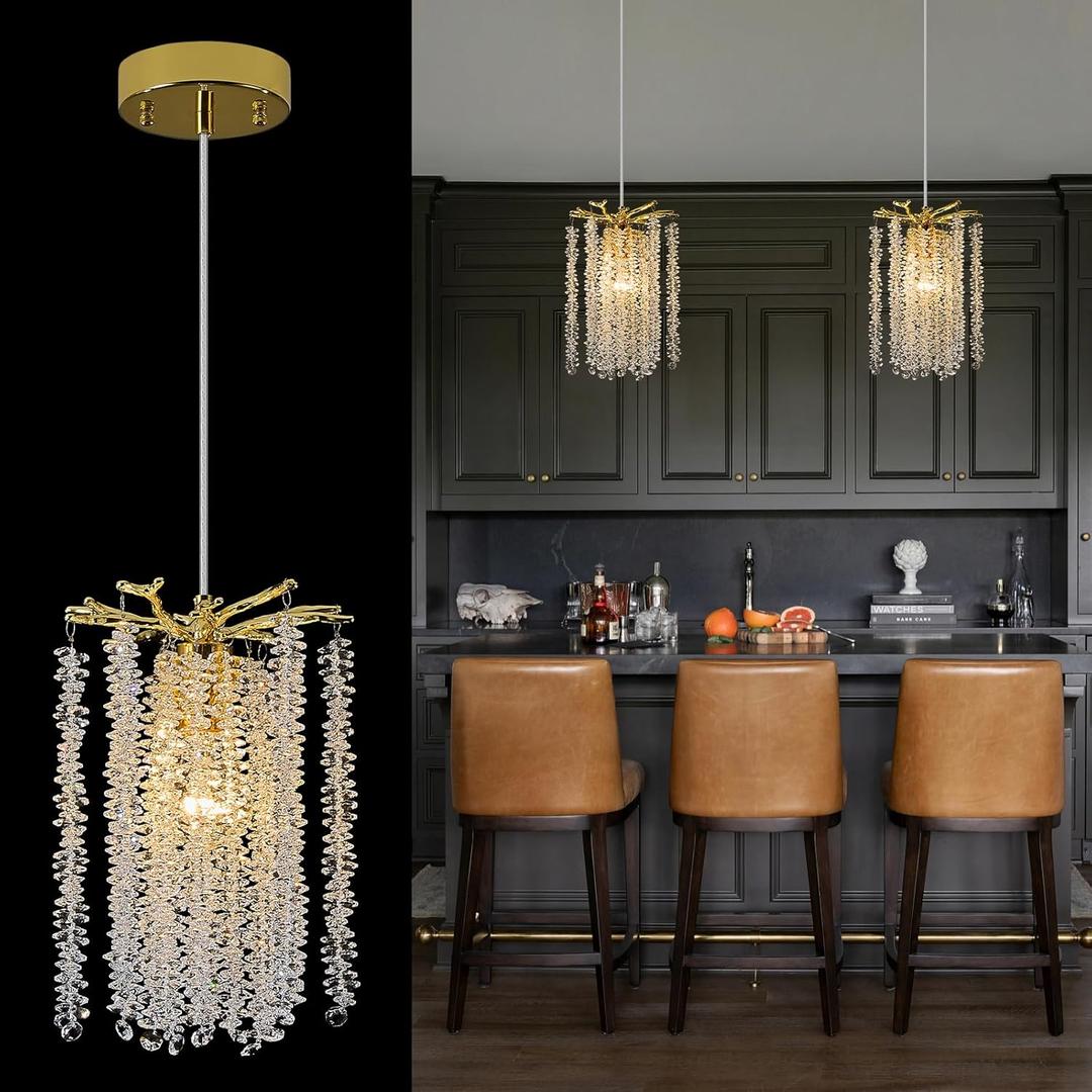 Modern Crystal Tree Branch Chandelier Contemporary Gold Raindrop Pendant Light Fixture 7.9" Luxury Round Chandeliers for Kitchen Island Dining Room Bedroom Living Room, 1 Pack