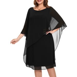 Fynadressr Women Plus Size Cape Dress with Chiffon Overlay Formal Cocktail Party Wedding Guest Dress Black 20Plus