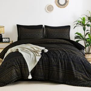 WONGS BEDDING Queen Comforter Set 7 Pieces, Boho Black Gold Geometric Striped Comforter for Queen Bed in a Bag, Soft Microfiber Bedding Set with Pillowcases, Flat Sheet, Fitted Sheet, Pillow Shams