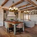 Rustic 6 Light Wagon Wheel Chandelier, Round Wood Pendant Light with Seeded Glass Shade, Farmhouse Chandeliers for Dining Room Kitchen Island Foyer Entryway