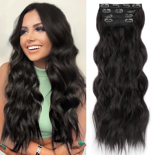 ALXNAN Clip in Long Wavy Synthetic Hair Extension 20 Inch Black Brown 4PCS Thick Hairpieces Fiber Double Weft Hair for Women