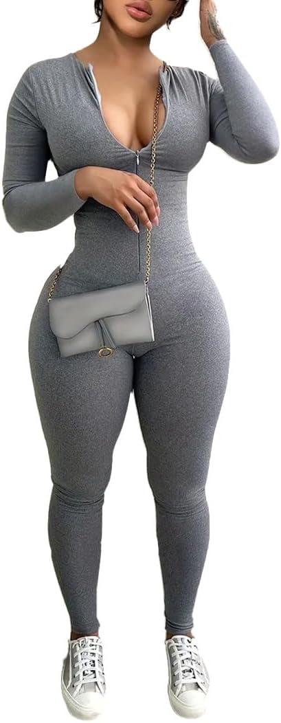 Mrskoala Women Long Sleeve Bodycon Jumpsuit One Piece Zip Up Romper (XX-Large, Grey)