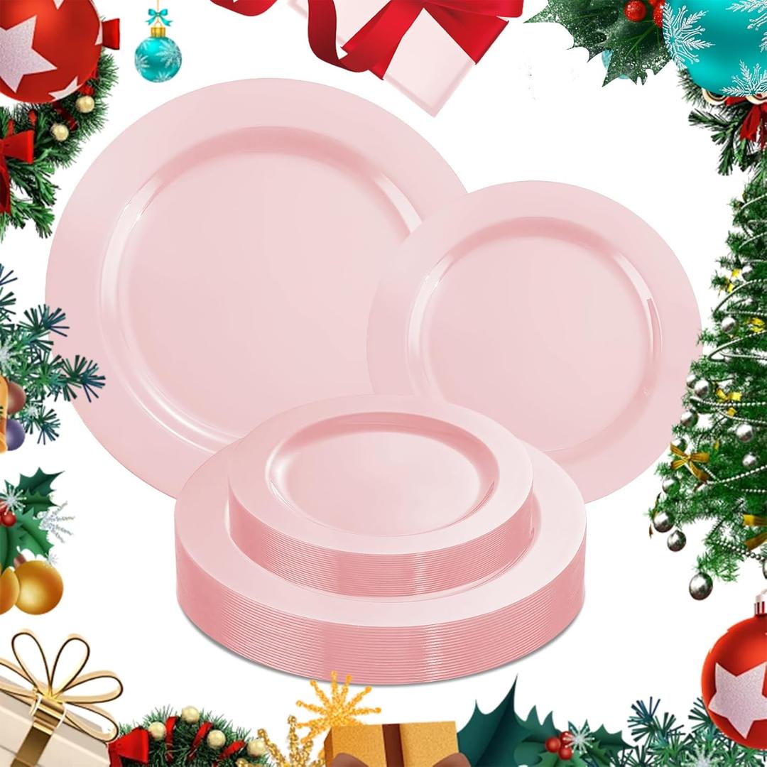 MENDENG 50PCS Pink Plastic Plates for Party Plates Disposable Heavy Duty Platos Desechables Elegantes for Wedding, 25x10.25 Plastic Dinner Plates & 25x7.5 Dessert Plates, Christmas Plates