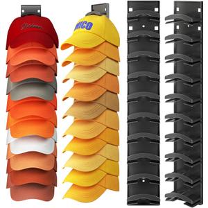Hat Organizer Hold up to 20 Hats, 2 Pack Hat Rack for Wall with Strong Adhesive, Hat Organizer for Baseball Caps Display for Door Closet, Hat Hanger Holder Multilayer Two Mounting Option(Black)