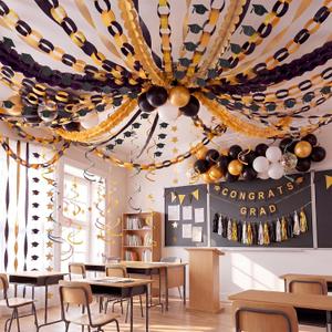 TaoBary Black and Gold Graduation Decorations 2026 Grad Party Decoration Include Black Gold Balloon Graduation Cap Banner Streamers Glitter Paper Chain Tassel Garland Flag Bunting Banner Star Hanging