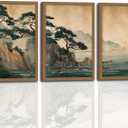Japanese Zen Wall Art Set of 3 with Wooden Frame Cliff and Ocean Seascape Prints, Framed Japanese Landscape Painting, Minimalist Asian Wall Decor 16x24 Inch