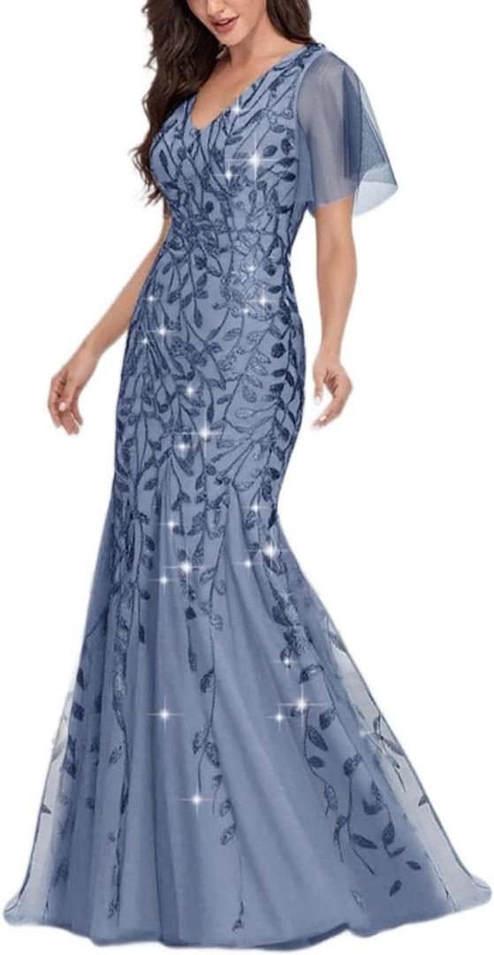 YHHOWEP Women's Formal Evening Gowns Long Sparkly Sequin Elegant Tulle Sleeve Mother of Bride Dress Bodycon Maxi Prom Dresses Dusty Blue S