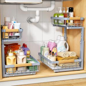 PXRACK Under Sink Organizer, Adjustable Height, 2 Tier Pull Out Under Cabinet Organizer, Slide Out Thickened Metal Under Sink Storage for Kitchen Bathroom Laundry Pantry Cabinet, Grey, Large-2-Pack (Gray)