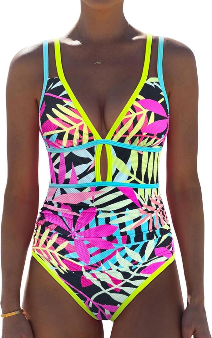 popvil Women One Piece Swimsuit 2026 Tummy Control Sexy Cutout Neon Color Block Bathing Suit Slimming Adjustable Swimwear (XL, Leaves Printed)