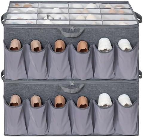 STORAGEIDEAS Shoe Organizer for Closet, Shoe Storage Solution with Clear Cover & Adjustable Dividers, Fabric Shoe Box Fits 16 +12 Pairs Shoes, Grey, 2-Pack