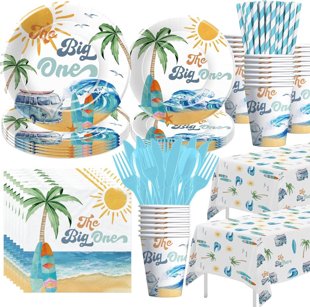 Surf First Birthday Party Supplies Boy - Surfing The Big One Birthday Decorations Tableware, Plate, Cup, Napkin, Cutlery, Tablecloth, Summer Beach Surf Party Decor | Serve 24 Blue