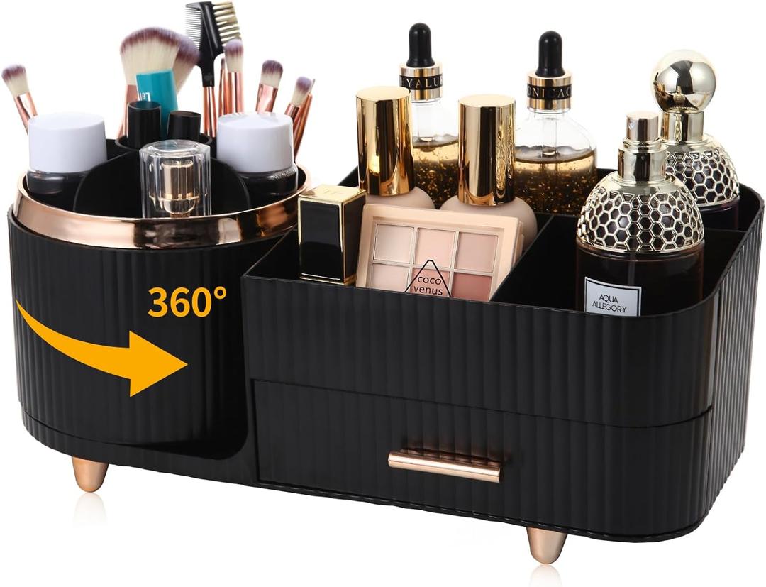 Zufudo Makeup Organizer Countertop with Drawers 360 Rotating Makeup Brush Holder Large Capacity Skincare Organizer for Vanity Desk, All Black