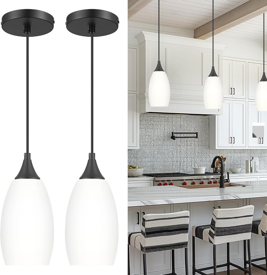 AUTELO Black Pendant Lights Kitchen Island 2 Pack, Glass Pendant Lights in Black Finish with Milky White Glass, Modern Pendant Light Fixtures, Hanging Lamp for Kitchen Island H9300 MGBK-2PK
