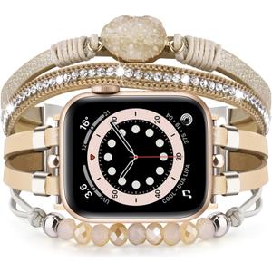 VISOOM Beaded Boho Bracelet Compatible for Apple Watch Band 40mm/38mm/41mm/46mm Series 10 9 8 7 SE Series 6/5/4 Women Leather Fashion Cute Handmade Multilayer Wrap Watch Strap for iWatch Bands 3/2/1 (38mm/40mm/41mm/42mm(series 10), Gold)