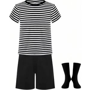 Halloween Addams Costume for Boys Black and White Striped T Shirts Sleeve Stripes Toddler Shorts and Tube Socks (Medium)