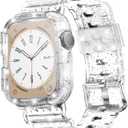 Blingbrione Clear Band Compatible Apple Watch Women 42mm Men,Transparent Jelly Soprt Strap with Cover Case Protector for iWatch Series 11 10 9 8 7 6 5 4 3 2 1 SE Clear Glitter
