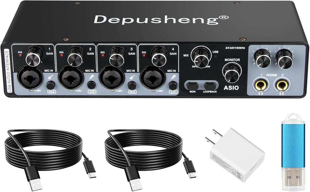 Depusheng USB Audio Interface with ASIO Drivers, 24Bit 192Khz, Phantom Power +48v, Low Latency for Home Studio Recording, PC/MAC Compatible (4 CHANNEL)