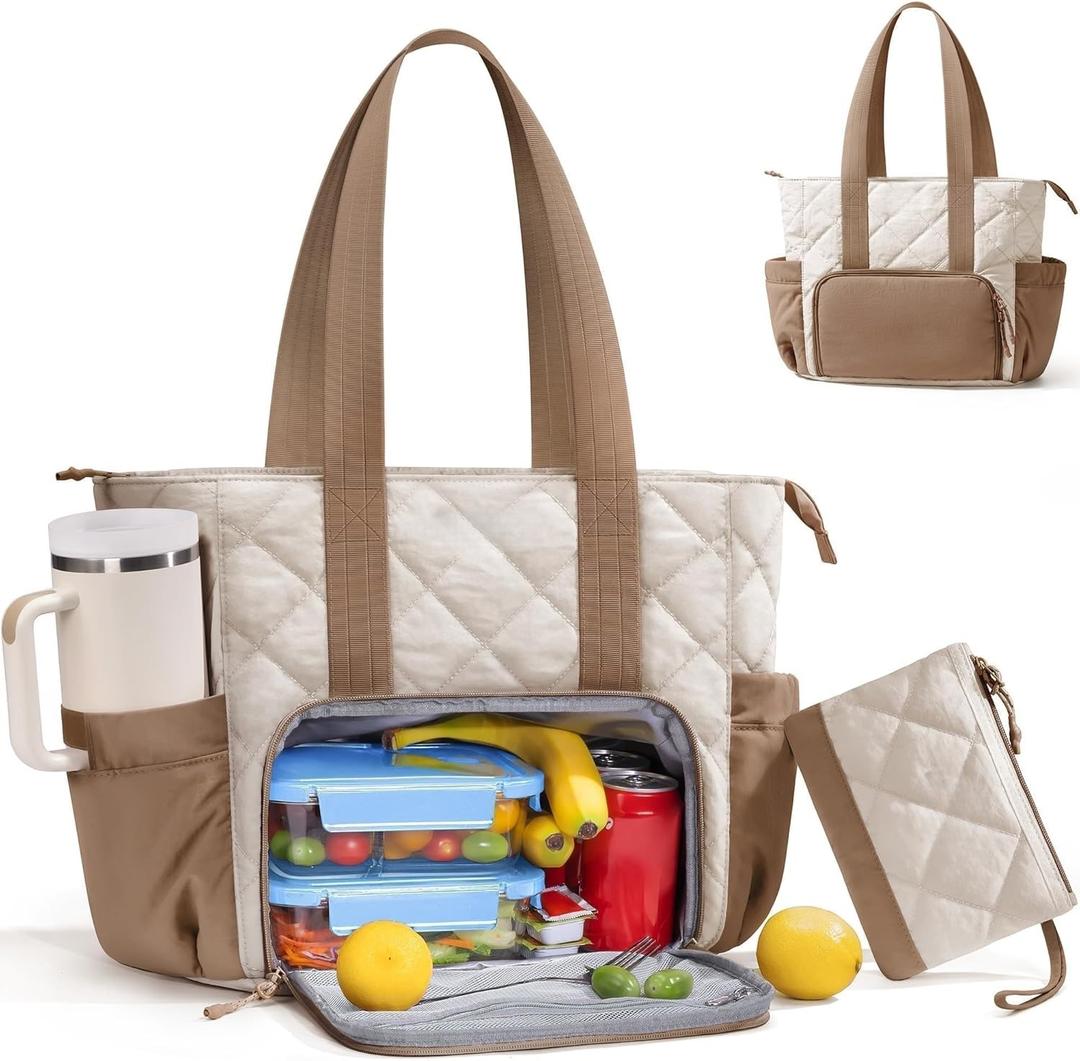 Puffer Lunch Tote Bag for Women, 15.6 Inch Laptop Work Bag with Insulated Lunch Compartment & Large Cup Holder, Lightweight Quilted Puffy Lunch Box Purse for Teacher Nurse Travel Office Daily School (Brown)