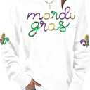 Womens Mardi Gras Shirt Stripes Fat Tuesday Tee Shirt Sequin New Orleans Carnival Party Long Sleeve Top (White, L)