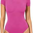 Women's Double-Lined Round Neck Short Sleeve Bodysuit Stretchy T-Shirt Body Suits Basic Tops for 2026 Summer Wear (Pink)