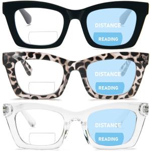 REAVEE 3 Pack Bifocal Reading Glasses for Women, Blue Light Blocking Stylish Thick Frame Trendy Cute Readers with Spring Hinge (Black/Clear Leopard/Clear 1.0)