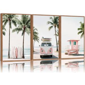 KYLESONLIE Tropical Beach Themed Framed Canvas Wall Art, Pastel Girly Surfboard Wall Decor, Relaxing Hawaii Palm Tree Posters, Coastal Beachy Art Paintings for Girls Bedroom Living Room Dorm 16"x24"x3