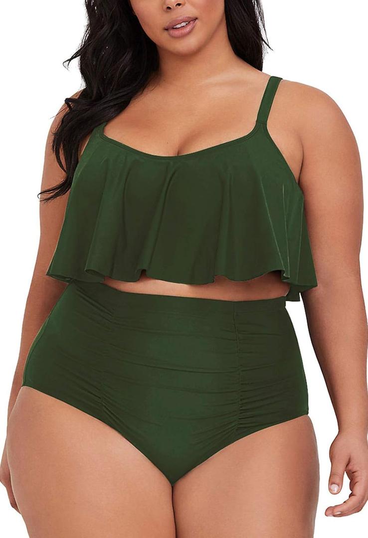 Sovoyontee Women's 2 Piece Plus Size High Waisted Swimsuit Bathing Suit (3X-Large Plus, Army Green)