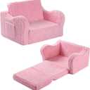 MOMCAYWEX Kids Sofa, 2-in-1 Flip-Out Foam Couch with Soft Sherpa Cover, Cozy Play Lounge Chair, Pink (Medium)