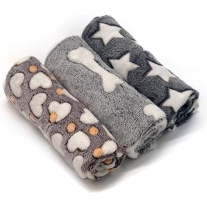 1 Pack 3 Puppy Blankets Super Soft Warm Sleep Mat Grey Cute Print Fluffy Fleece Pet Flannel Throw Dog Blankets for Small Dogs Cats, Star & Bone & Love, 22x13 inch