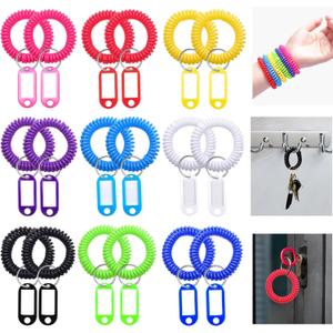 18 Pcs Assorted Color Wrist Spring Spiral Coil Keychains with 18 Pcs Key Tags, Stretchable Plastic Wrist Coil Keychain for ID Badge Gym Pool Sauna Outdoor Activities