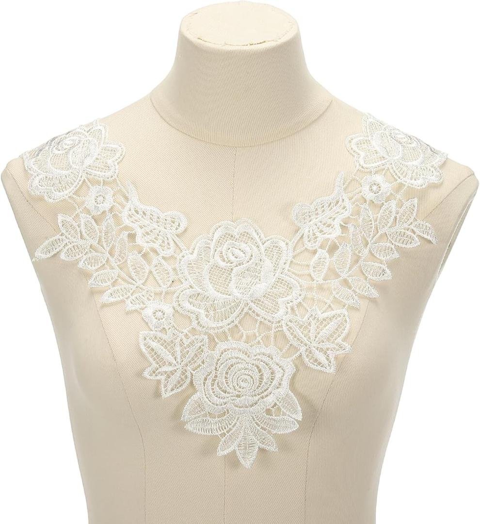 uxcell 2 Pcs Lace Applique, 12.6" Lace Collar Floral Applique Sew on Embroidery Trim Neckline for Sewing Accessories DIY Craft Fabric Patches Wedding Dress Decoration, White