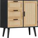 Iwell Storage Cabinet with Rattan Door & 3 Drawers, Rattan Cabinet with Adjustable Shelf, Sideboard Buffet Cabinets with Storage, Entryway Cabinets, for Living Room, Dining Room, Entryway, Black