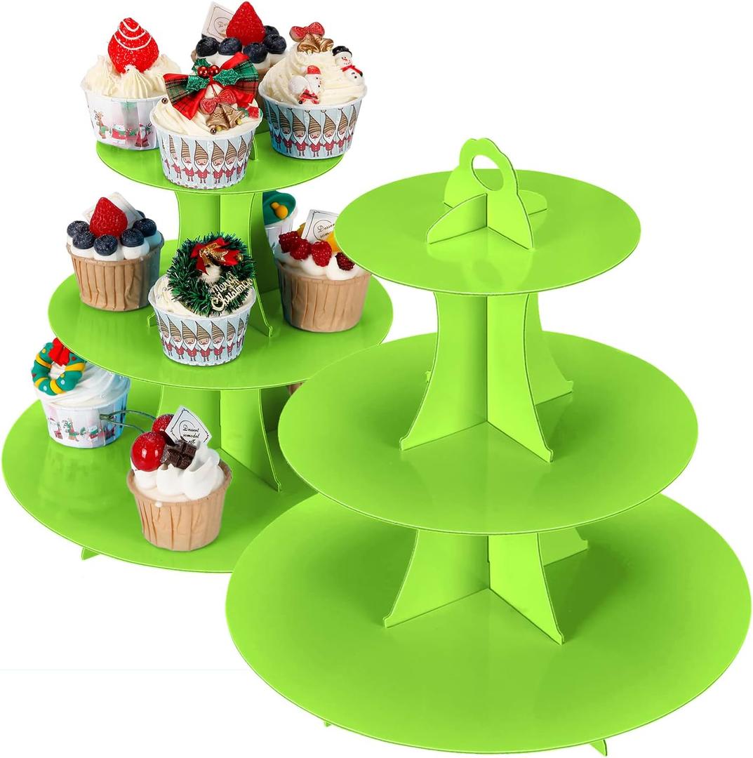 YLDW Cupcake Stand 2Pcs, 3-Tier Cupcake Stand Display, Cardboard Cup Cake Tower Stand, Disposable Dessert Stand for Birthday Tea Party Baby Shower Treat Decorations, Green
