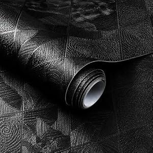 Simon&Siff Wallpaper Peel and Stick Textured, Black 3D Embossed Gothic Contact Paper Removable Waterproof Self Adhesive Wall Paper for Bedroom Bathroom DIY Decor Renter Friendly 120" x 17.3"