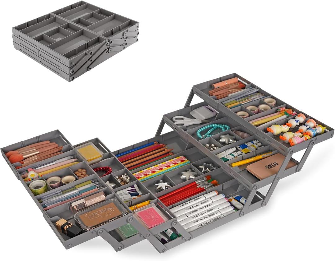 3 Tier Drawer Organizer - Expandable Junk Drawer Organizer Smart Office Supply Organizer, Folding Kitchen Drawer Storage Multi Level Desk Organizer for Makeup, Jewelry, Cosmetics Storage(2 Row 3 Tier) (Grey)