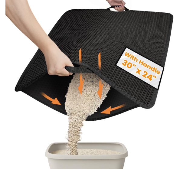 Cat Litter Mat-30"X24" Large Litter BoxTrapping Mat for Kitty EVA Honeycomb Double Layer Design, Urine & Waterproof with Handle Design Easier to Clean, Washable, Black