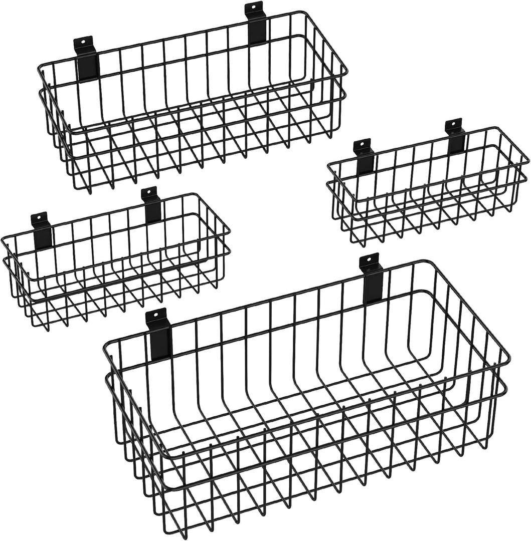 4 Pack Large Size Slatwall Baskets Set, Ventilated Metal Hanging Storage Slat Wall Basket, Mounted Slatwall Accessories for Garage Storage Organizing Display on Slatwall Panels bins (Black)