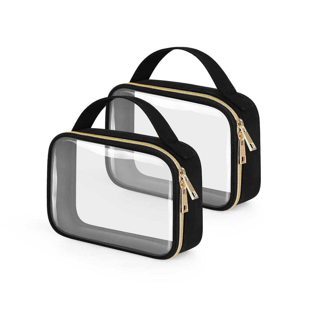 Wedama TSA Approved Toiletry Bag, 2 Pack Clear Makeup Bags with Handles, Quart Size Clear Toiletry Bags, PVC Cosmetic Bags for Women and Men, Carry on Airport Airline Compliant Bag, Black