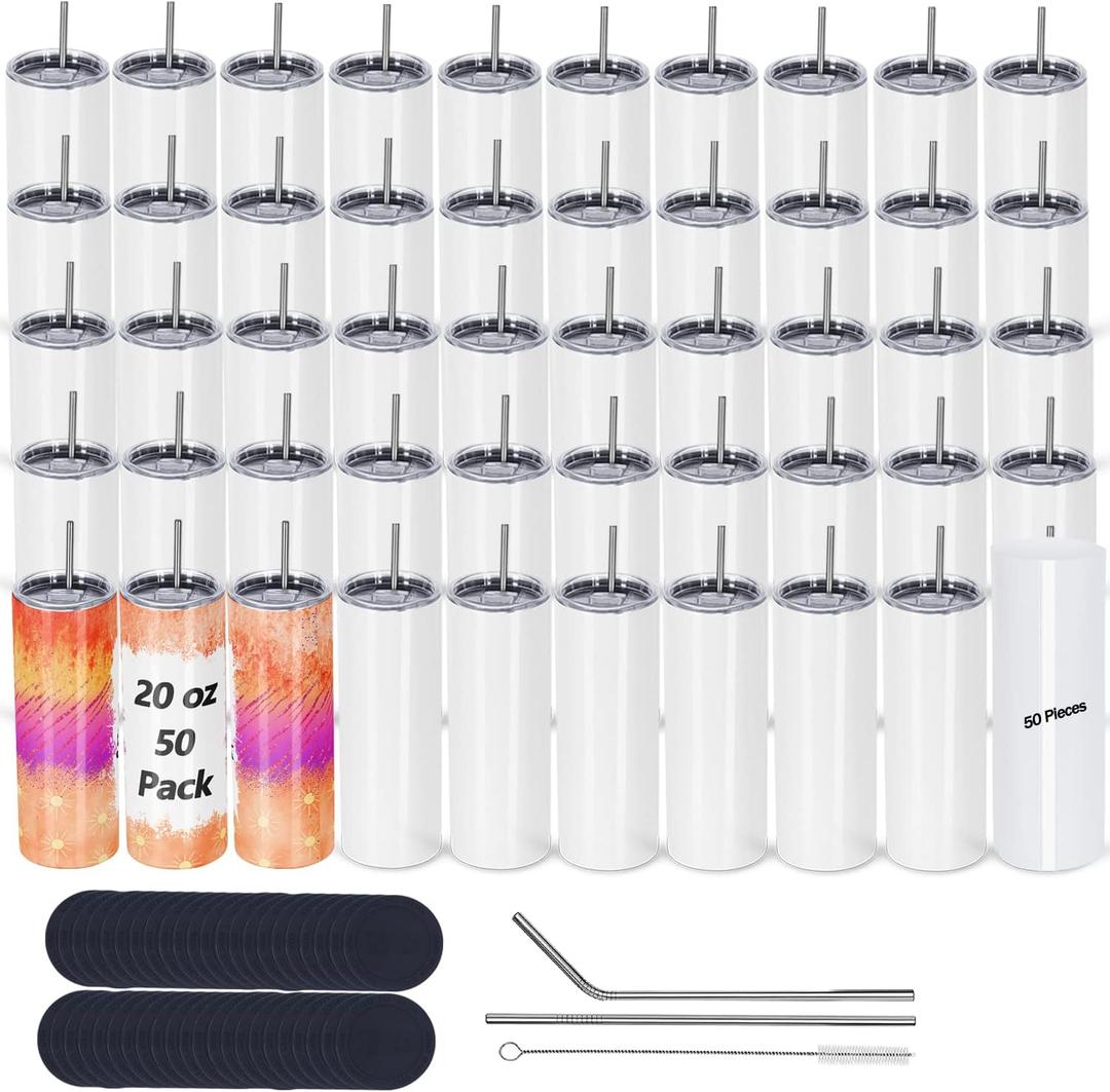 50 Pack Sublimation Tumblers Bulk 20 oz Skinny StraightStainless Steel Sublimation Blanks Cups White, Individually Boxed