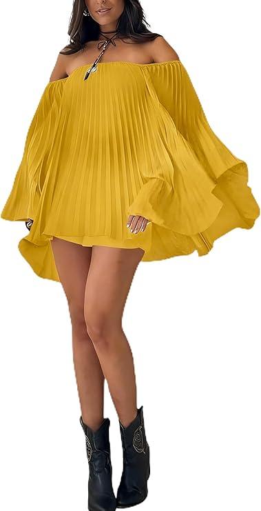 Ophestin Women's 2 Piece Pleated Outfits Off Shoulder Oversized 3/4 Cape Sleeve Shirt Shorts Set for Beach Vacation XL