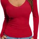REORIA Womens Long Sleeve Shirts 2025 Fall Trendy Deep V Neck Slim Fit Basic Tops Casual Going Out Top Tee Blouse (XS)